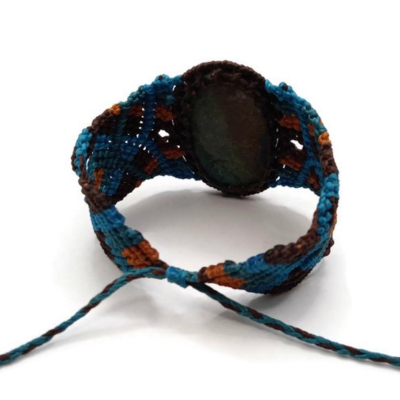 Handmade Bracelet Woven in Macrame Thread and Turquoise Natural Stone Spiritual - Picture 2 of 9